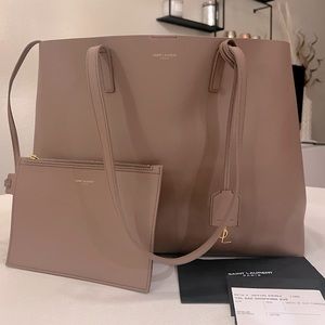YSL YVES  SAINT LAURENT E/W TAUPE/ BLUSH BEIGE LEATHER SHOPPER TOTE BAG GHW